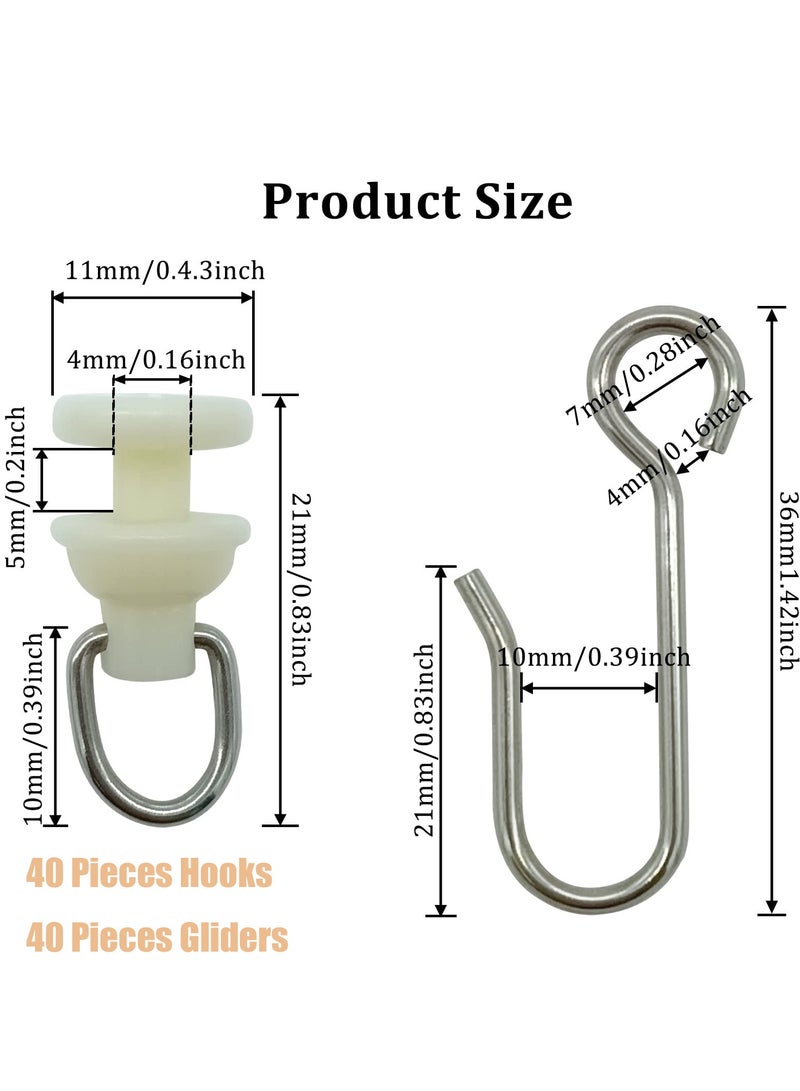 Curtain Hooks and Gliders Set, 80 Pieces Shower Curtain Pack, of 40 Pieces Hooks and 40 Pieces Gliders, for Window Door Shower Bathroom, Bendable Curtain Track Pulley