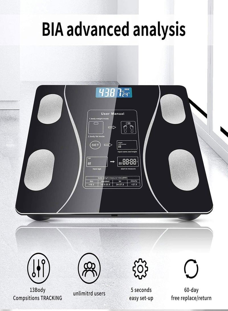 Smart Body Fat Scale Bluetooth Body Fat Monitors Digital Scale for Bathroom Scale Measure Weight Body Fat BMI Body Composition Analyzer Smartphone Application Bluetooth synchronous Scale