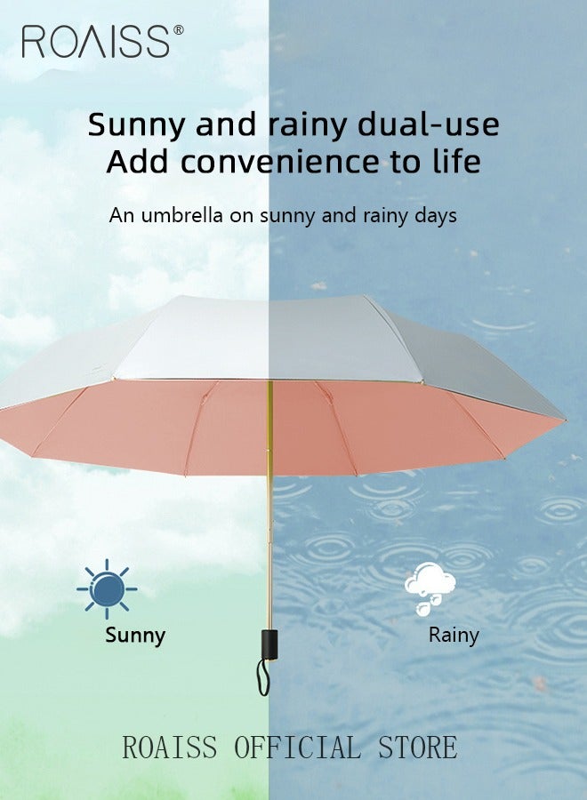 3 Fold Multi-functional Sun Umbrella with Super Sun and UV Protection Double-Layer Vinyl Sunshade 8 Rib Design for Rain and Shine Upf50+ Suitable for Commuting and Traveling Outdoors