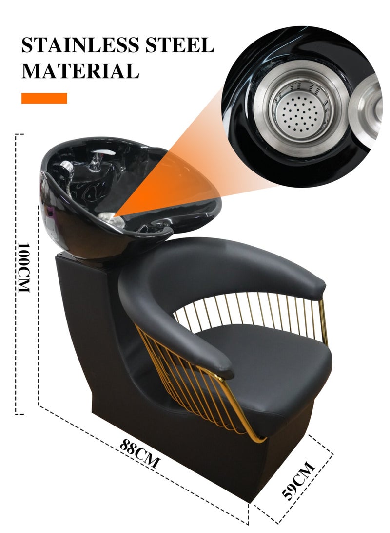 Shampoo Backwash Chair Ceramic Basin Hair Wash Bowl for Beauty Salon Free Installation - Black Gold