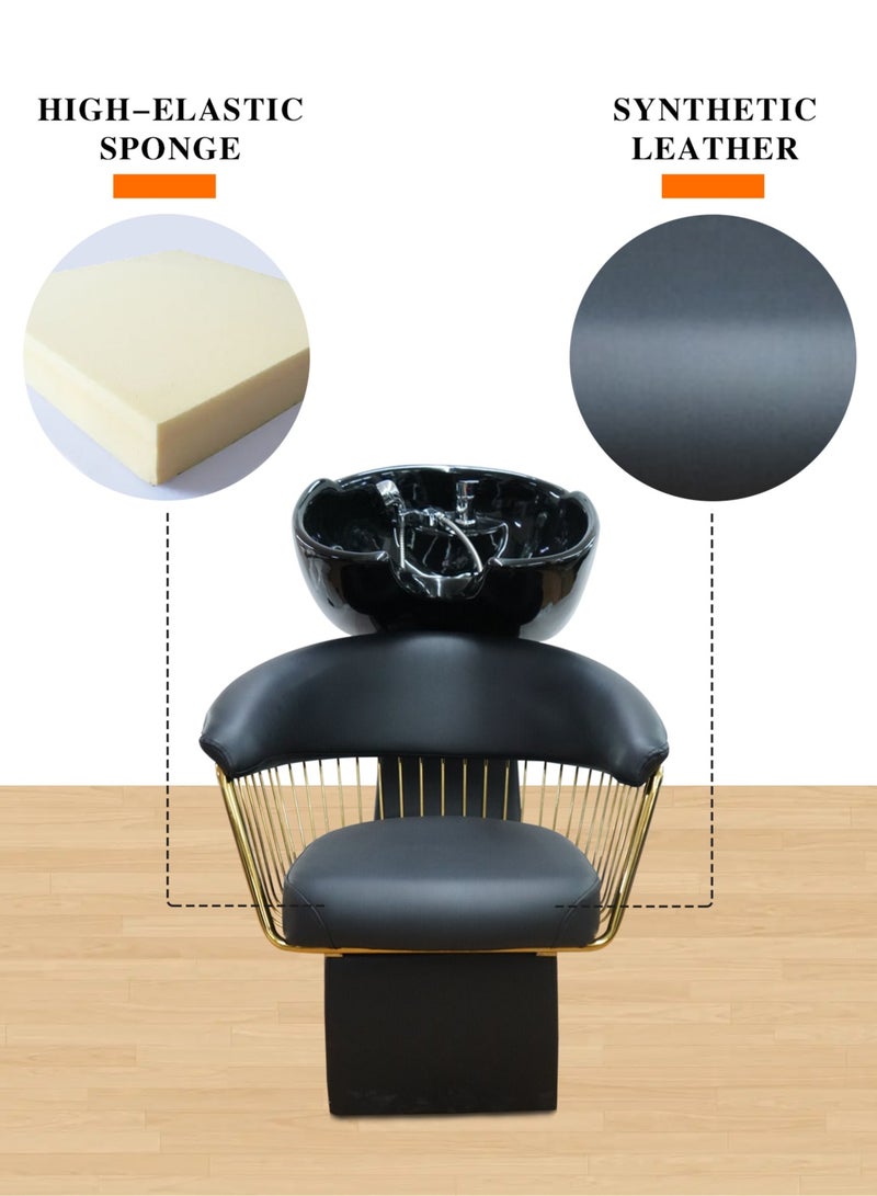 Shampoo Backwash Chair Ceramic Basin Hair Wash Bowl for Beauty Salon Free Installation - Black Gold