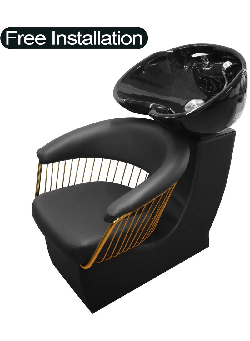 Shampoo Backwash Chair Ceramic Basin Hair Wash Bowl for Beauty Salon Free Installation - Black Gold