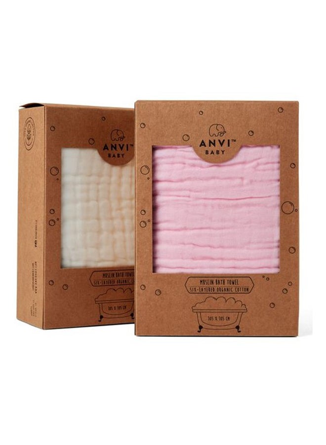 Set of 2 Organic Muslin Bath Towel- Pink and White