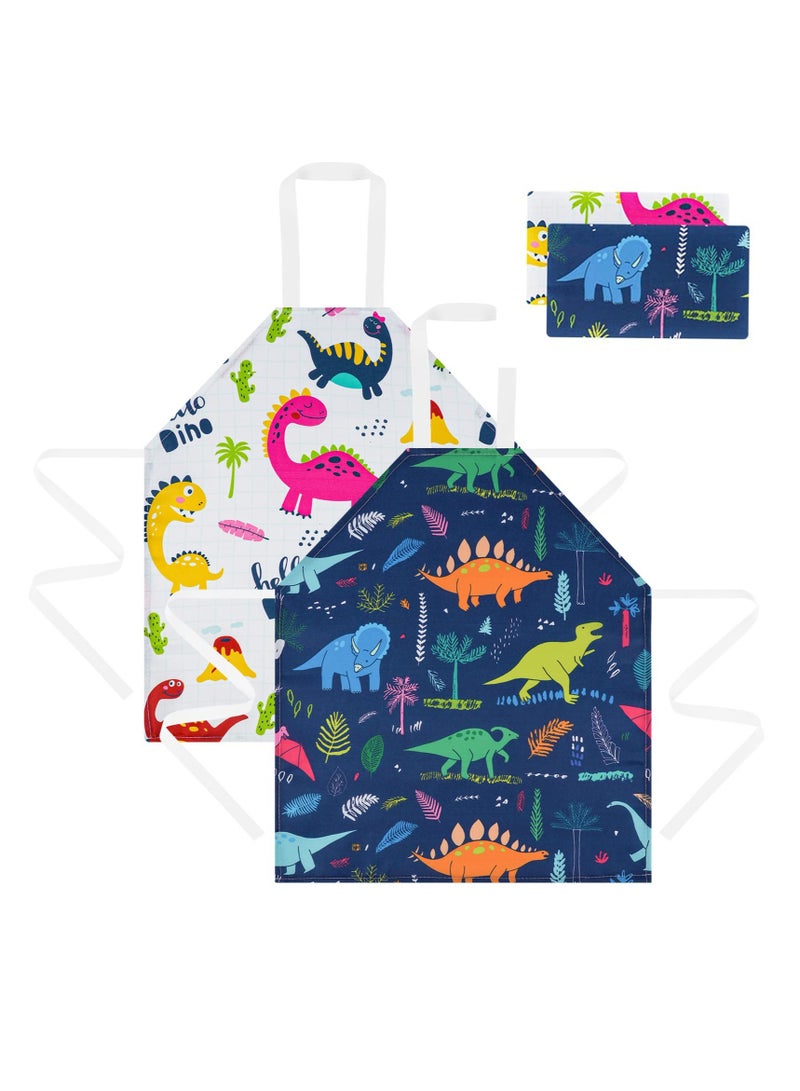 Kids Aprons, 2 Pcs Cartoon Style Adjustable Child Chef Aprons, Dinosaur Print Children's Apron for Kids Toddler Painting Baking Artist