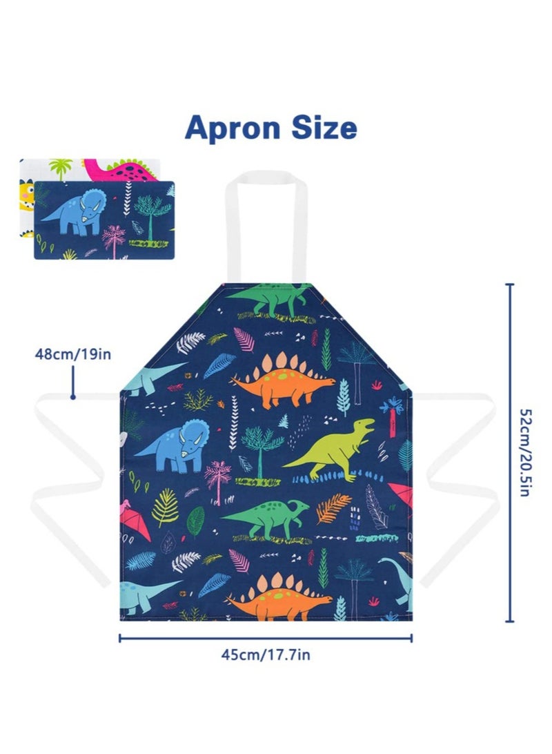 Kids Aprons, 2 Pcs Cartoon Style Adjustable Child Chef Aprons, Dinosaur Print Children's Apron for Kids Toddler Painting Baking Artist