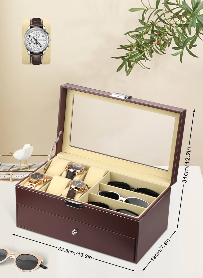 Leather 6 Watch Box Jewelry Case and 9 Piece Eyeglasses Storage and Sunglass Glasses Display Drawer Lockable Case Organizer