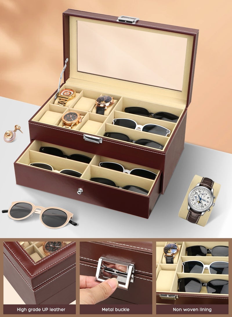 Leather 6 Watch Box Jewelry Case and 9 Piece Eyeglasses Storage and Sunglass Glasses Display Drawer Lockable Case Organizer