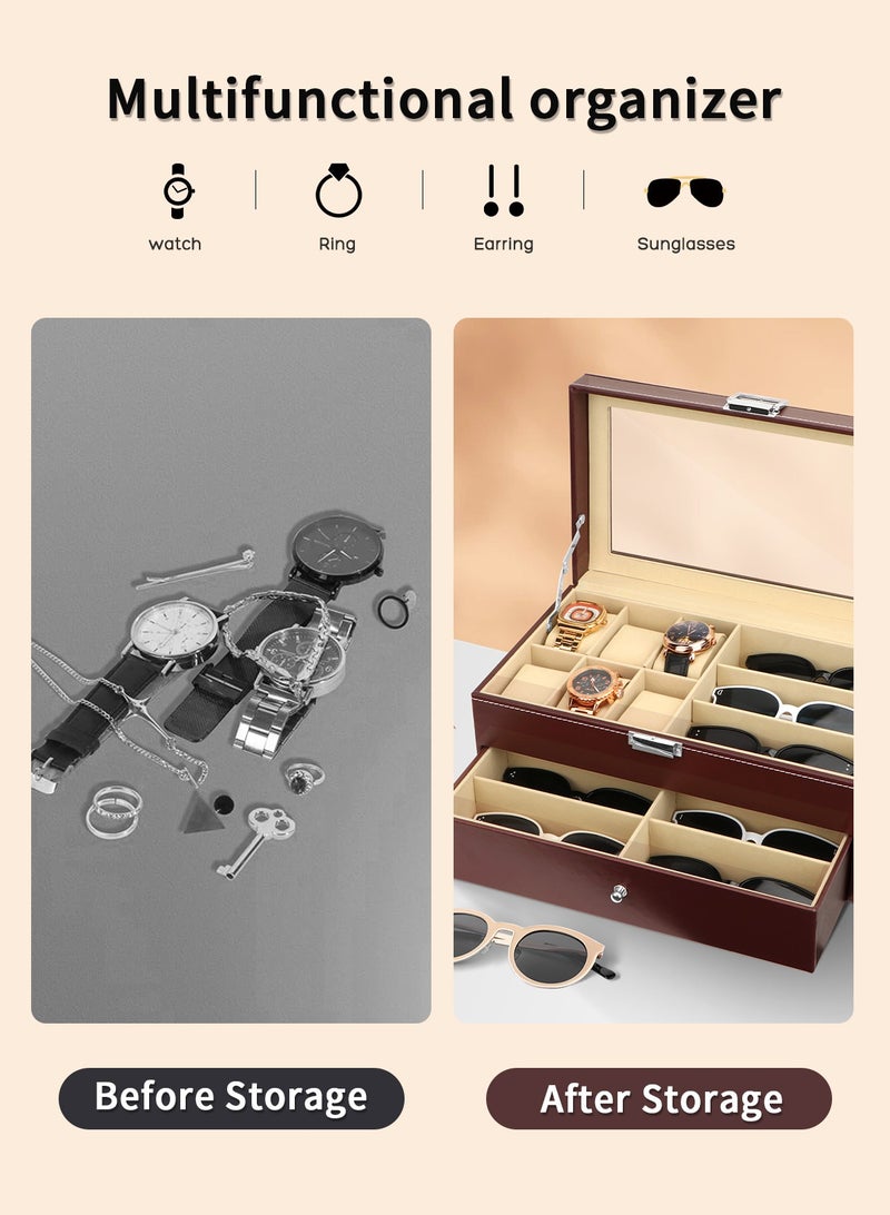 Leather 6 Watch Box Jewelry Case and 9 Piece Eyeglasses Storage and Sunglass Glasses Display Drawer Lockable Case Organizer