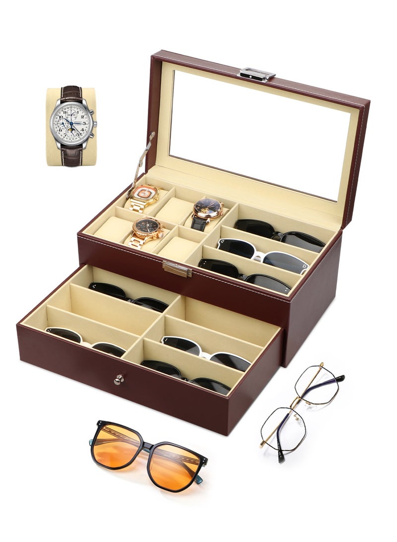 Leather 6 Watch Box Jewelry Case and 9 Piece Eyeglasses Storage and Sunglass Glasses Display Drawer Lockable Case Organizer