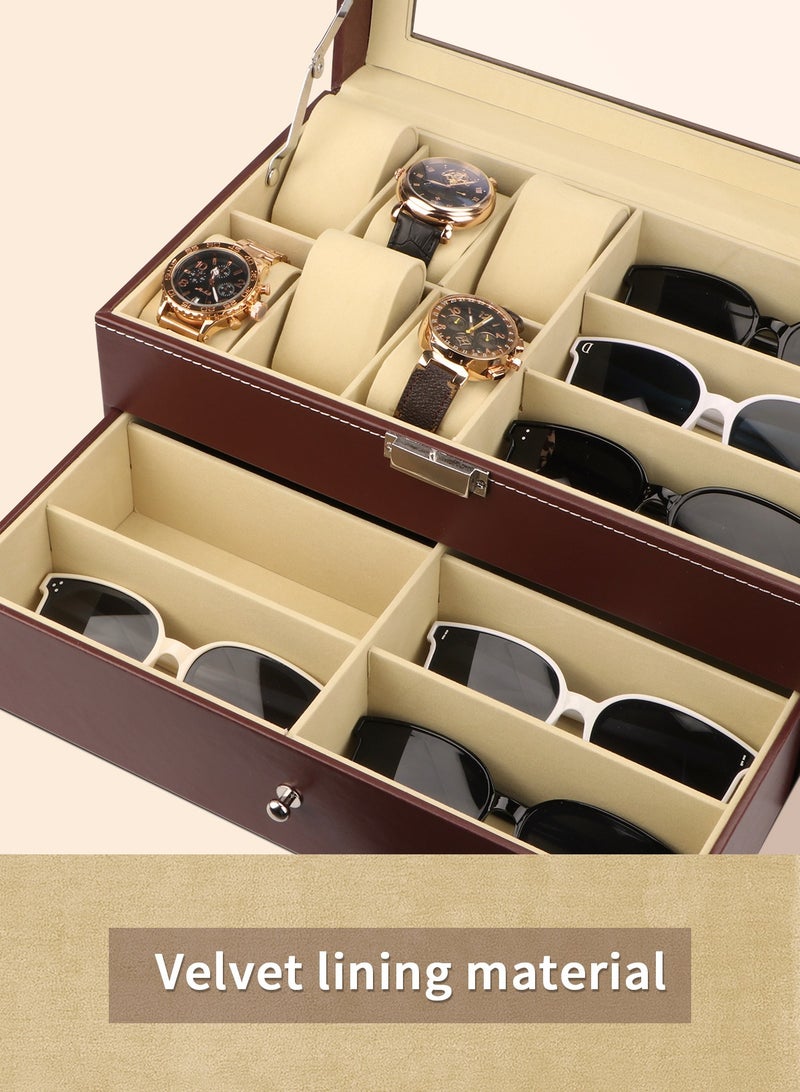 Leather 6 Watch Box Jewelry Case and 9 Piece Eyeglasses Storage and Sunglass Glasses Display Drawer Lockable Case Organizer