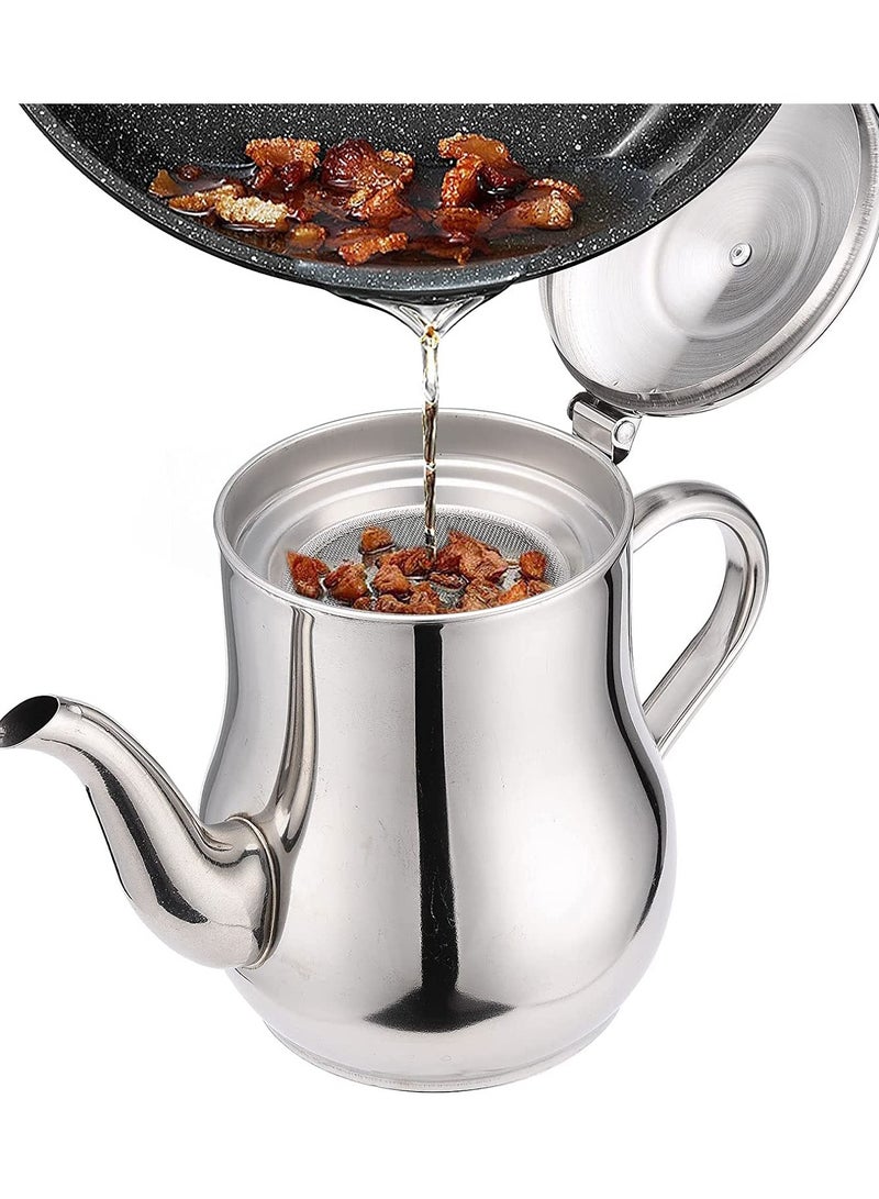 Stainless Steel Oil Strainer Pot, Stainless Steel Oil Cooking Grease Container with Fine Mesh Strainer, Oil Storage Can with Spout for Storing Cooking Oil