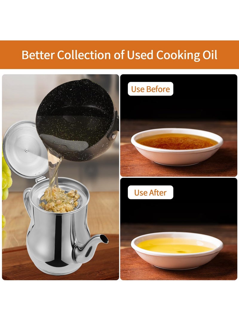 Stainless Steel Oil Strainer Pot, Stainless Steel Oil Cooking Grease Container with Fine Mesh Strainer, Oil Storage Can with Spout for Storing Cooking Oil