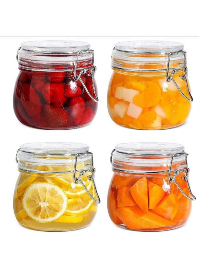 Airtight Glass Canister Set of 4 with Lids 17oz Food Storage Jar Round - Storage Container with Clear Preserving Seal Wire Clip Fastening for Kitchen Canning Cereal,Pasta,Sugar,Beans,Spice（4 pcs）