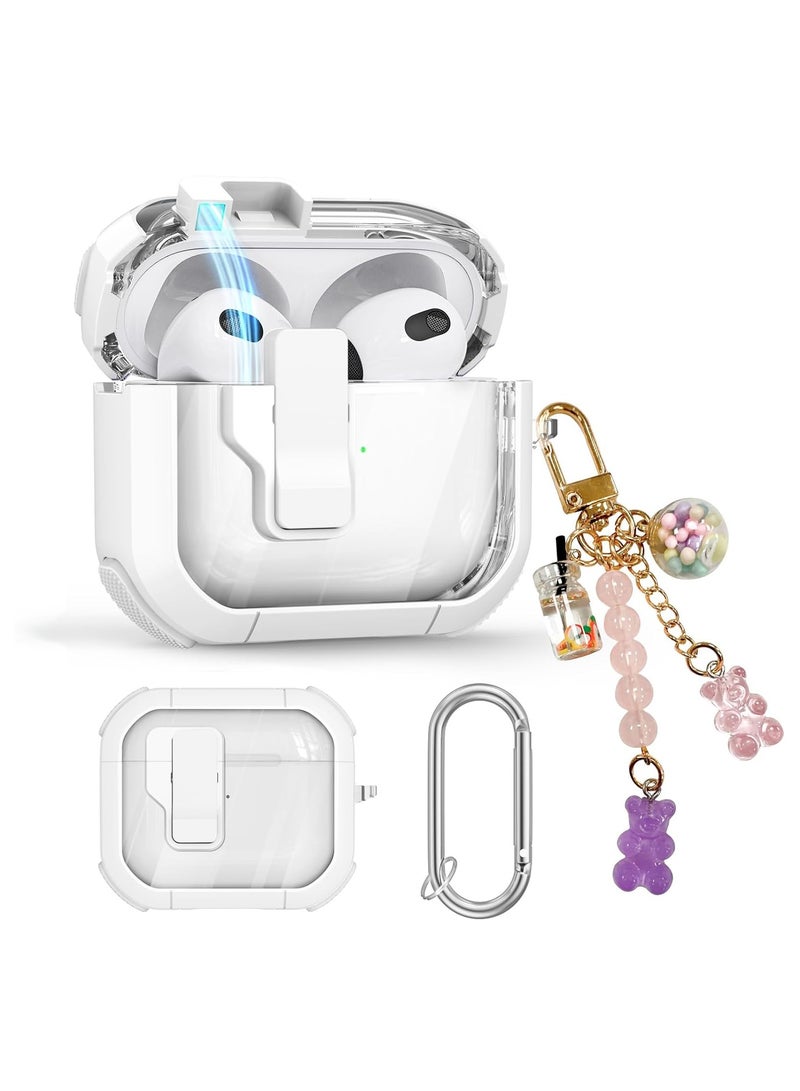 Airpods 3 Clear Case Cover Automatic Snap for Switch Secure Lock Case for Apple Airpod 3rd 2021 Generation Case Cover with Cute Candy Keychain for Women White