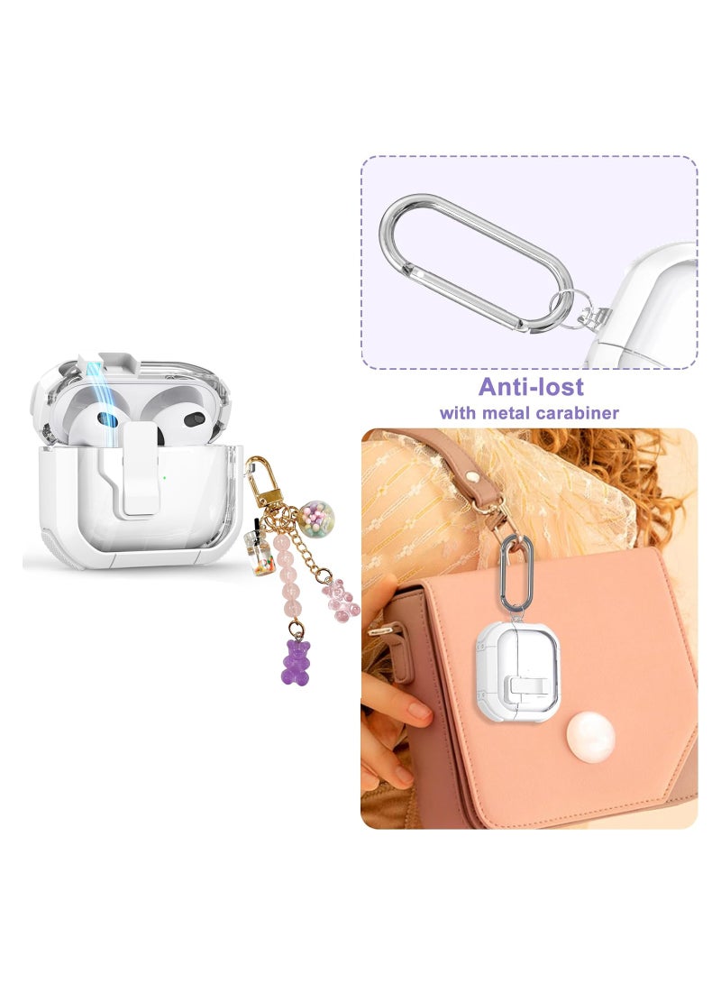 Airpods 3 Clear Case Cover Automatic Snap for Switch Secure Lock Case for Apple Airpod 3rd 2021 Generation Case Cover with Cute Candy Keychain for Women White