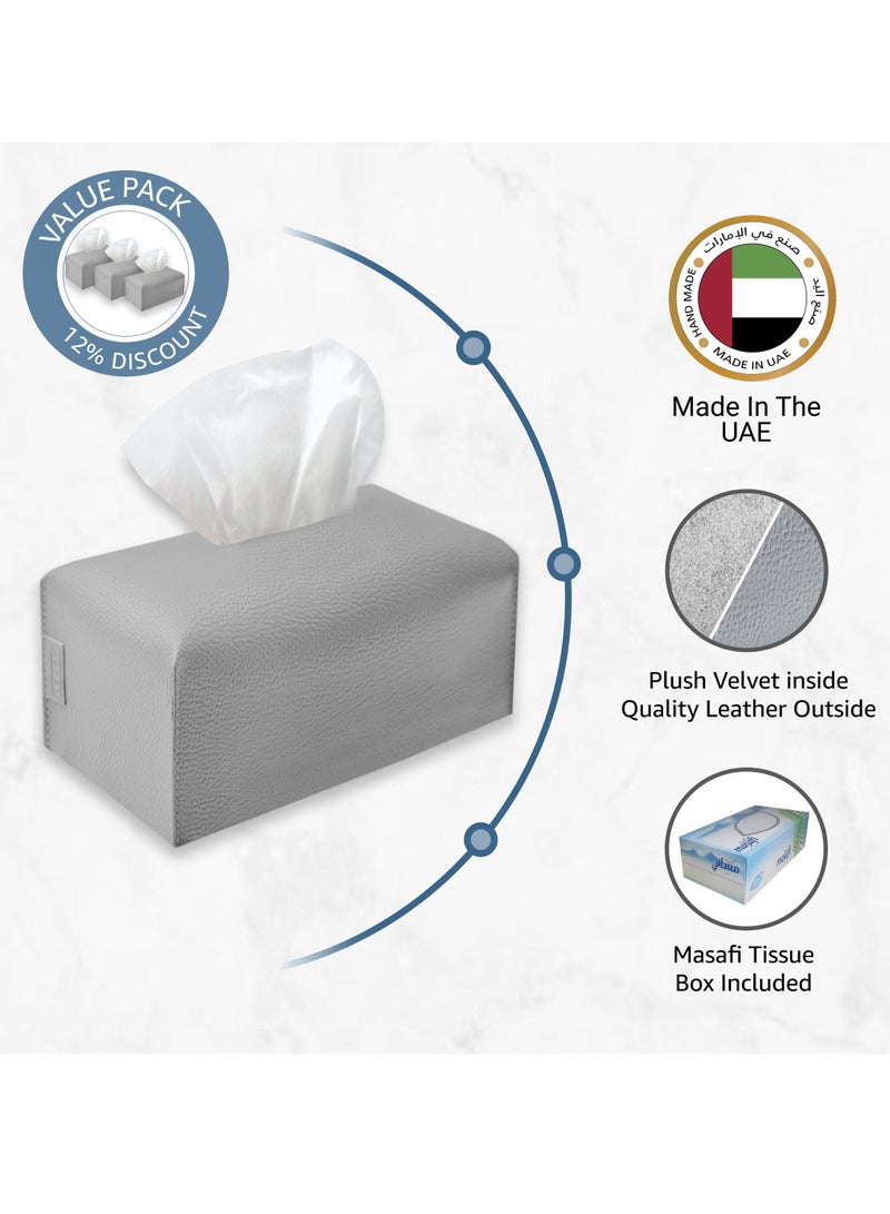 Leather Tissue Box Cover (Stone Grey | Offer Pack of 3)