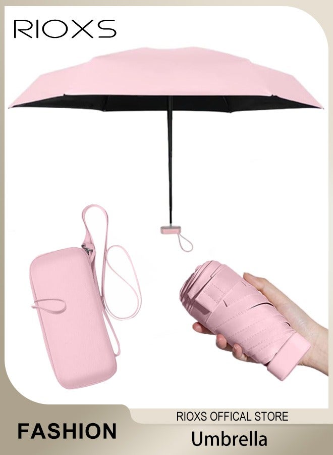 Portable Travel Umbrella with Storage Box Mini Umbrella with UPF 50+ UV Sun Protection Lightweight 6 Ribbed Compact Pocket Umbrella for Men Women Kids