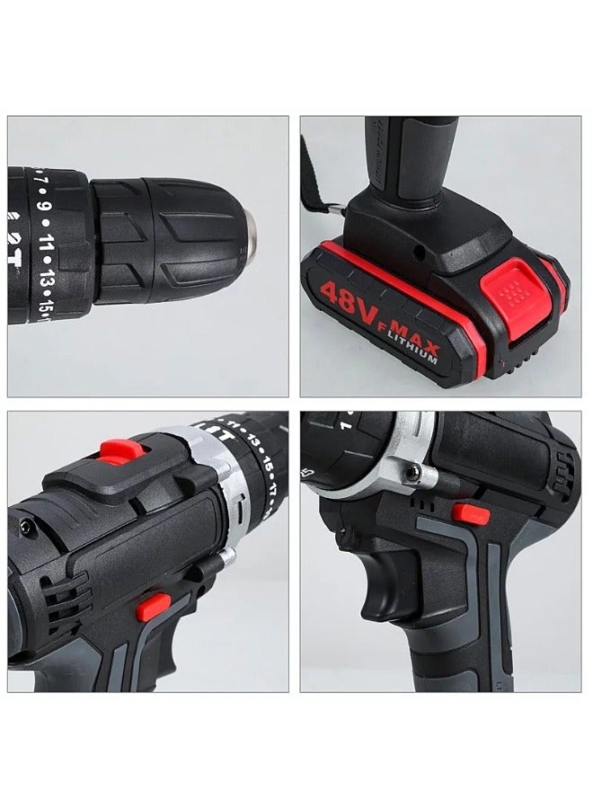 Cordless Electric Drill Kit - 48V Impact Drill with 2 Batteries - Rechargeable Screw Driver - Multifunctional Hammer Drill - Home Tool Kit