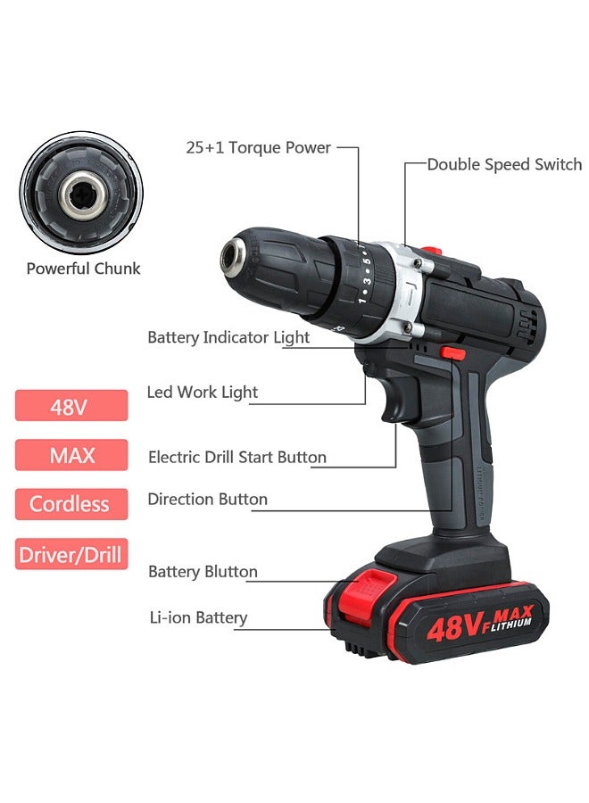 Cordless Electric Drill Kit - 48V Impact Drill with 2 Batteries - Rechargeable Screw Driver - Multifunctional Hammer Drill - Home Tool Kit