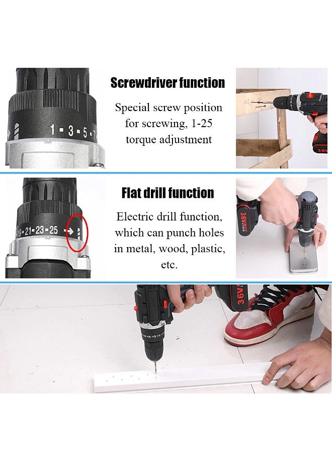 Cordless Electric Drill Kit - 48V Impact Drill with 2 Batteries - Rechargeable Screw Driver - Multifunctional Hammer Drill - Home Tool Kit