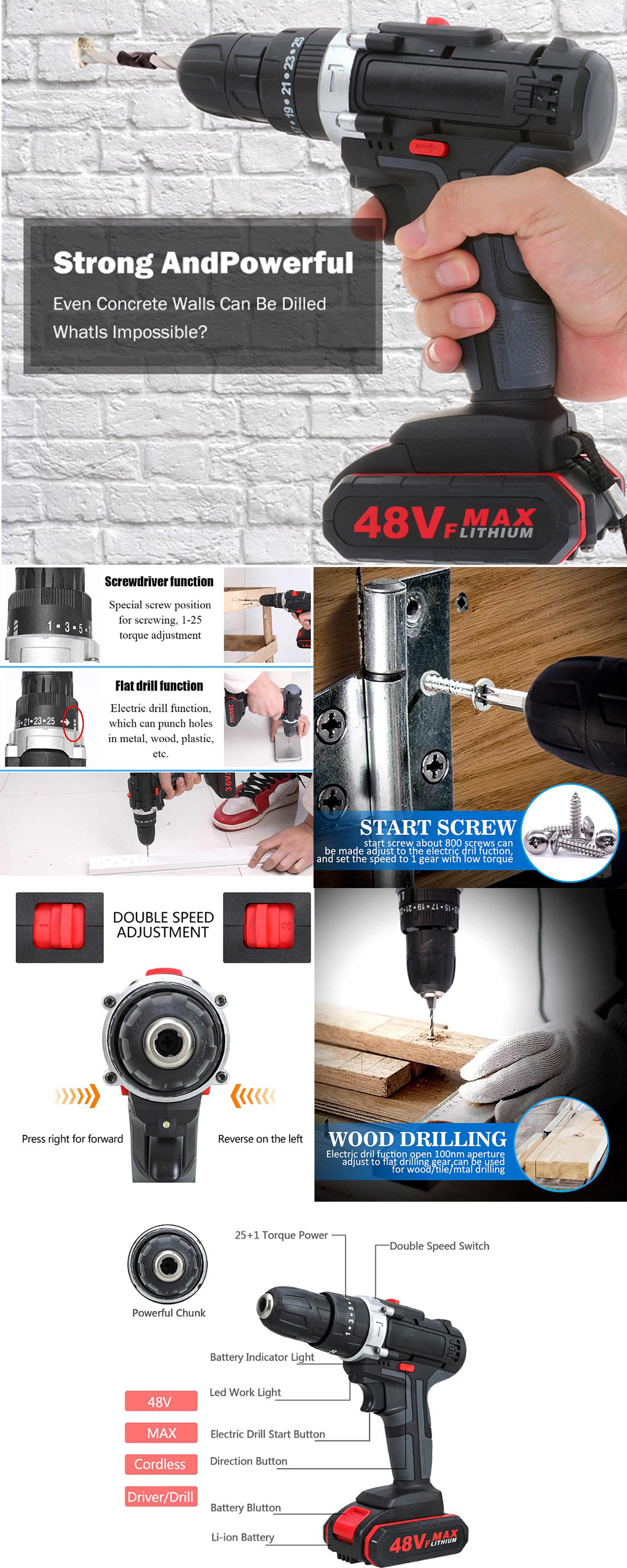 Cordless Electric Drill Kit - 48V Impact Drill with 2 Batteries - Rechargeable Screw Driver - Multifunctional Hammer Drill - Home Tool Kit