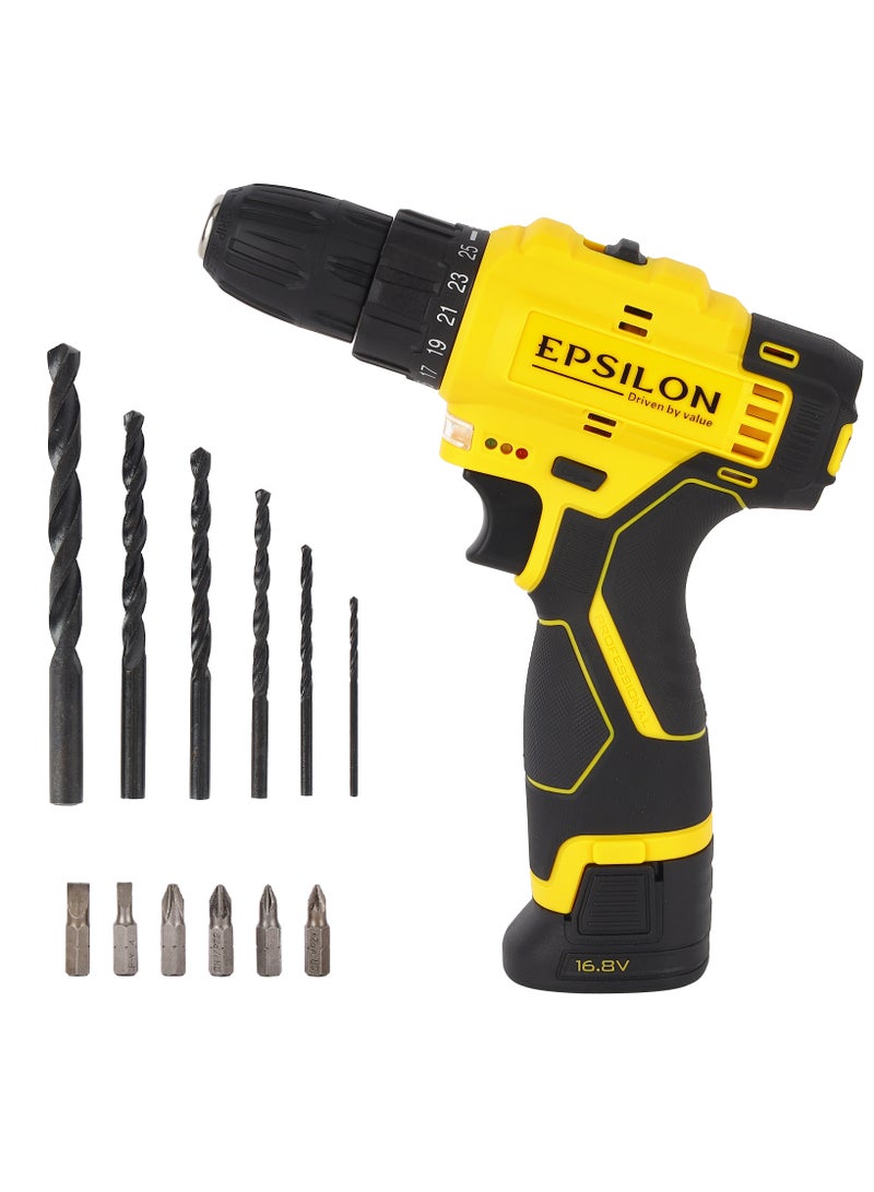 Epsilon 16.8 V Cordless Drill- EPSCD1558/ 10 mm Hole Diameter, 26 Nm Maximum Torque, Perfect for Home and Business, No Load Speed 0-1400 RPM, Comfortable Grip