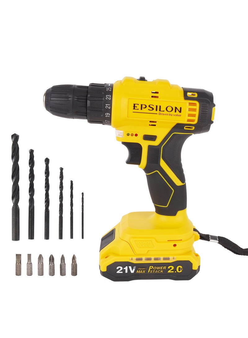 Epsilon 21 V Cordless Drill- EPSCD1559/ 10 mm Hole Diameter, 28 Nm Maximum Torque, Perfect for Home and Business, No Load Speed 0-1400 RPM,  Black and Yellow, 1 Year Warranty