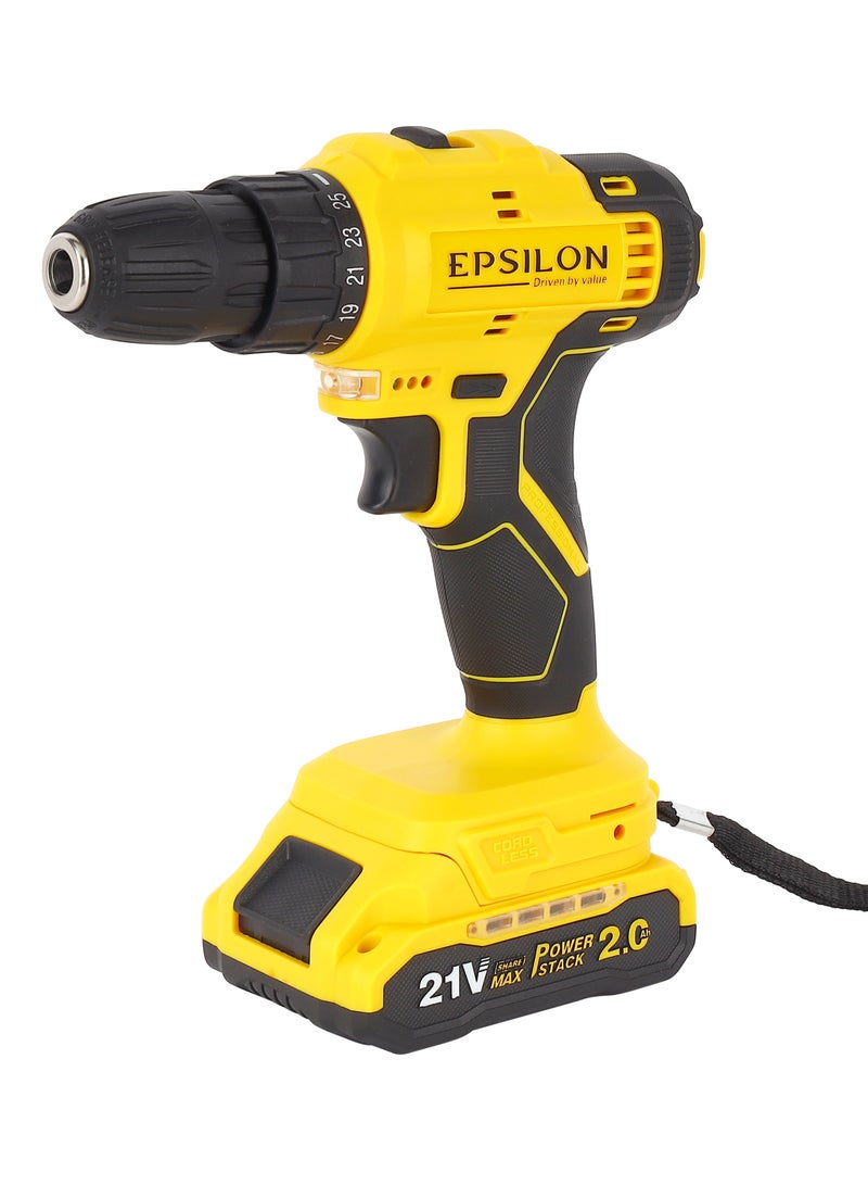 Epsilon 21 V Cordless Drill- EPSCD1559/ 10 mm Hole Diameter, 28 Nm Maximum Torque, Perfect for Home and Business, No Load Speed 0-1400 RPM,  Black and Yellow, 1 Year Warranty