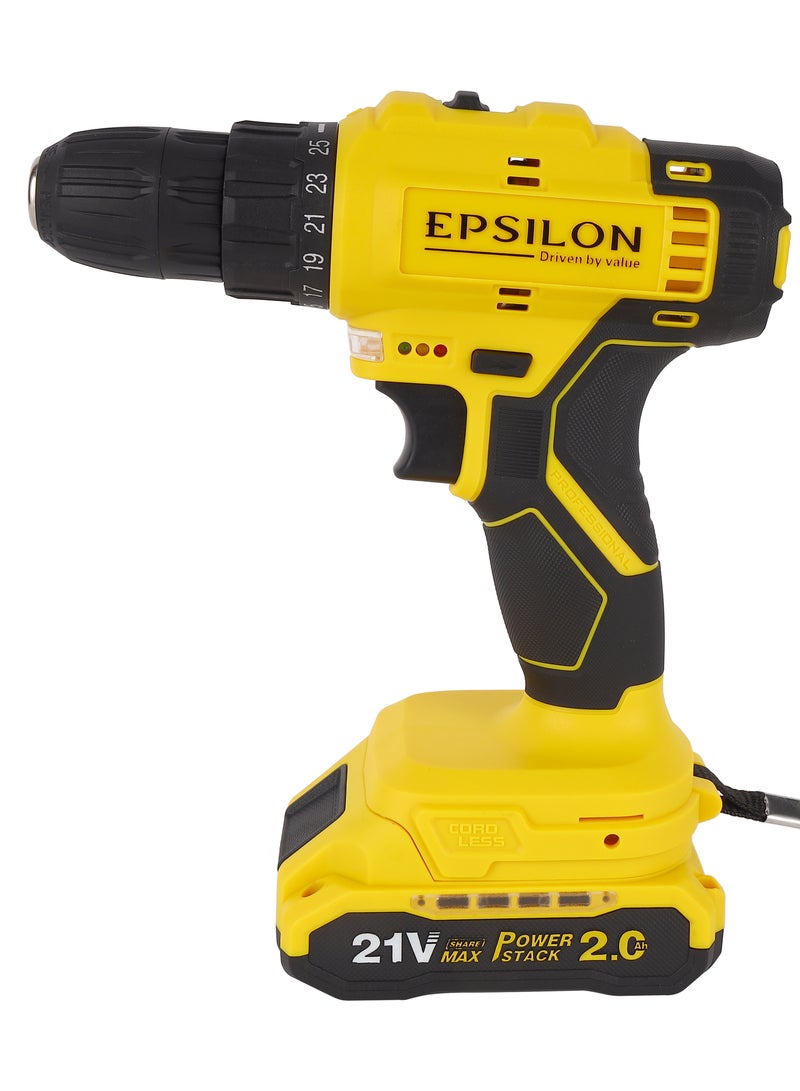 Epsilon 21 V Cordless Drill- EPSCD1559/ 10 mm Hole Diameter, 28 Nm Maximum Torque, Perfect for Home and Business, No Load Speed 0-1400 RPM,  Black and Yellow, 1 Year Warranty