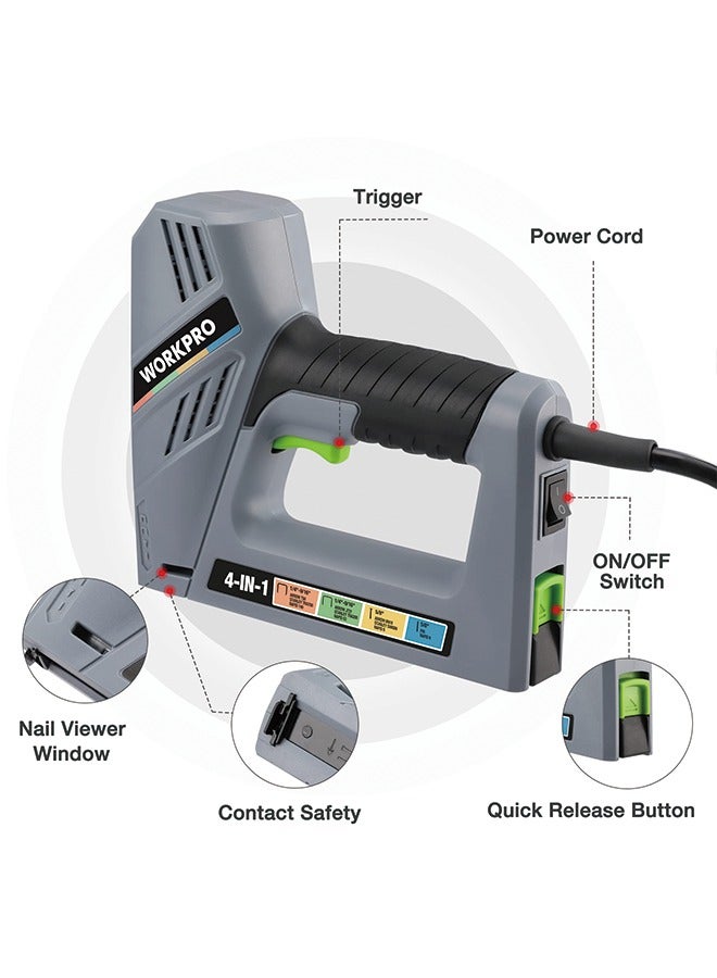 WORKPRO Electric Corded 4-in-1 Nail Gun, Professional Stapler for Wood Upholstery, Crafts, Framing, Decoration, DIY, Including 3000PCS of Staples and Nails