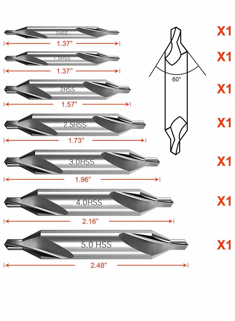 Combined Center Drill Bit Set 7 Pieces HSS 60 Degree Countersink Lathe Mill Tooling 1.0 1.5 2.0 2.5 3.0 4.0 5.0mm for Positioning and Chamfering of Wood Metal Alloys