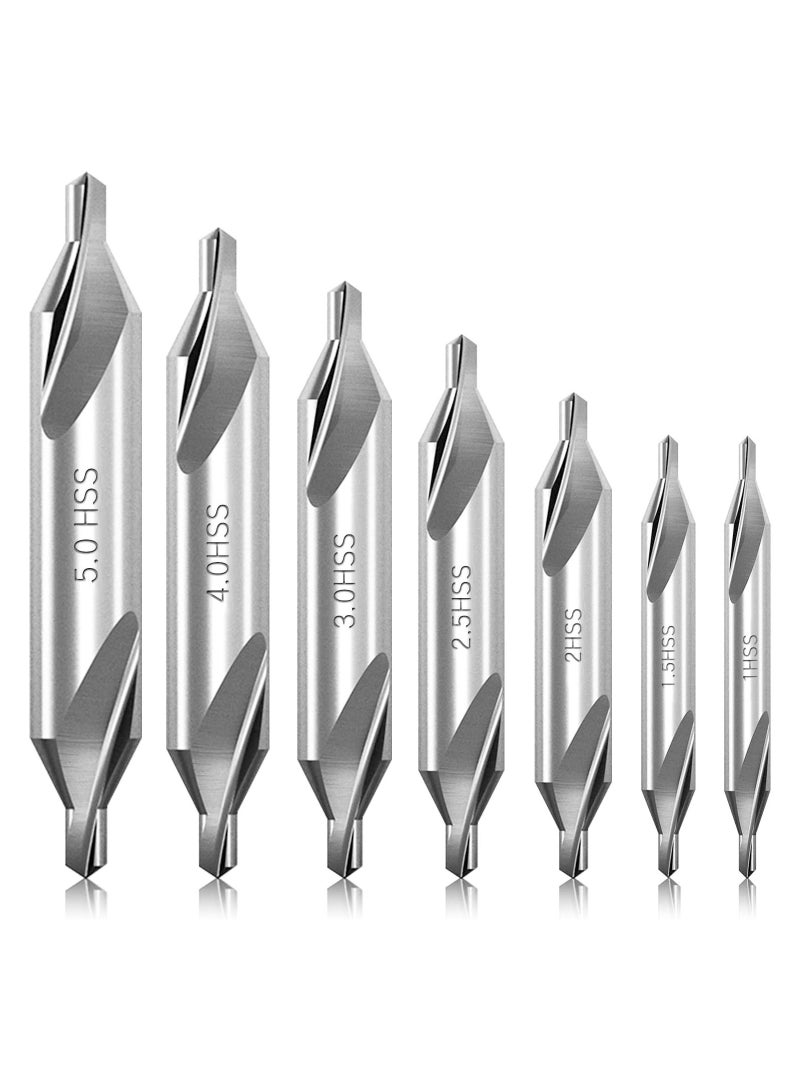 Combined Center Drill Bit Set 7 Pieces HSS 60 Degree Countersink Lathe Mill Tooling 1.0 1.5 2.0 2.5 3.0 4.0 5.0mm for Positioning and Chamfering of Wood Metal Alloys