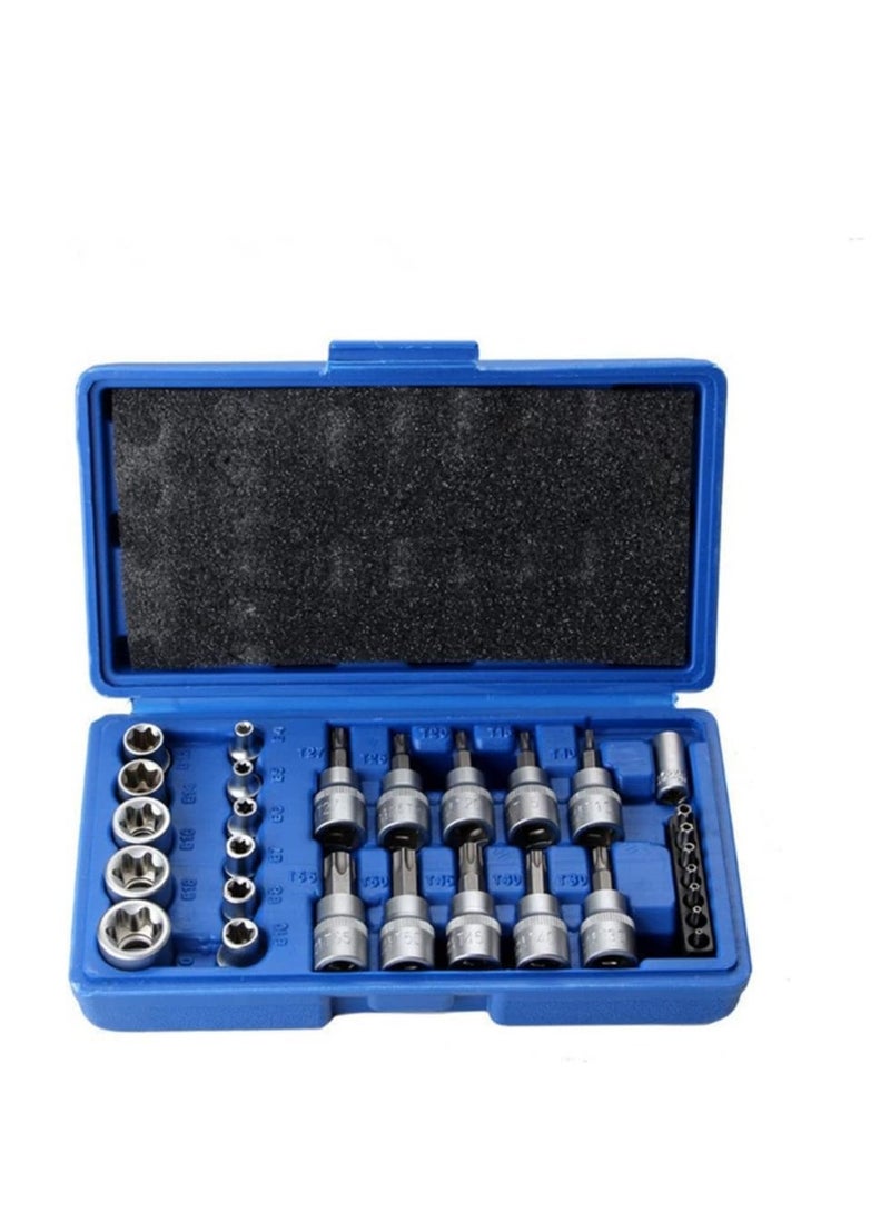 Tamper Proof Torx Bit Socket Set, Torx Driver Bits Tool, 29 Pcs Torx Star Bit Socket Set, Metric Hex Bit Sockets Set, 1/4'' 3/8'' 1/2'' Drive for Hand Use with Storage Case