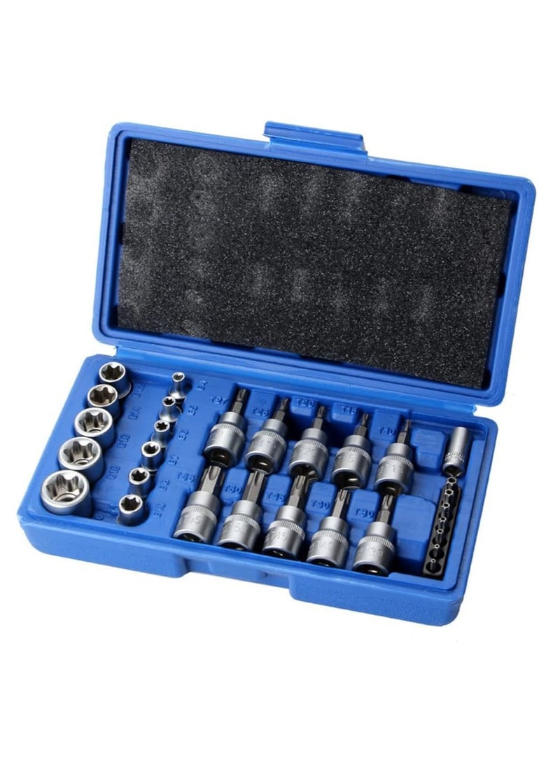 Tamper Proof Torx Bit Socket Set, Torx Driver Bits Tool, 29 Pcs Torx Star Bit Socket Set, Metric Hex Bit Sockets Set, 1/4'' 3/8'' 1/2'' Drive for Hand Use with Storage Case