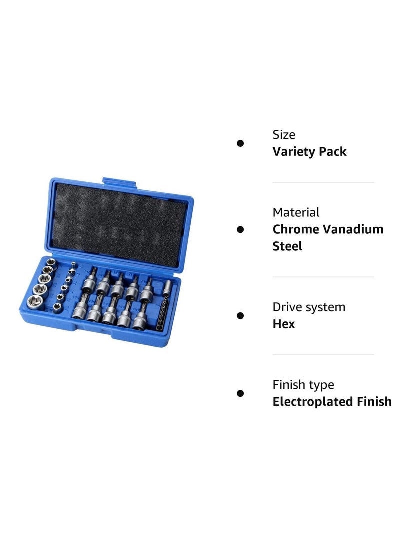 Tamper Proof Torx Bit Socket Set, Torx Driver Bits Tool, 29 Pcs Torx Star Bit Socket Set, Metric Hex Bit Sockets Set, 1/4'' 3/8'' 1/2'' Drive for Hand Use with Storage Case