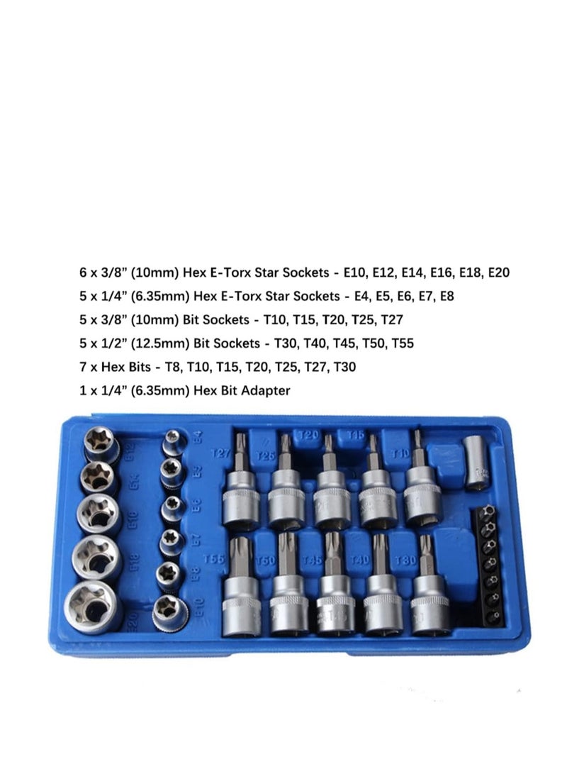 Tamper Proof Torx Bit Socket Set, Torx Driver Bits Tool, 29 Pcs Torx Star Bit Socket Set, Metric Hex Bit Sockets Set, 1/4'' 3/8'' 1/2'' Drive for Hand Use with Storage Case