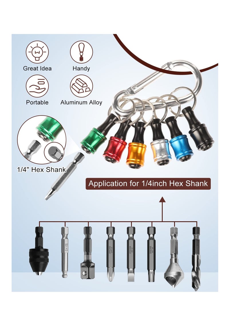 1/4 inch Hex Shank, Aluminum Alloy Screwdriver Bits Holder, Light-weight Quick-change Extension Bar Keychain Drill Screw Adapter Change Portable, Versatile Compatibility (6 pcs with Silver Carabiner)