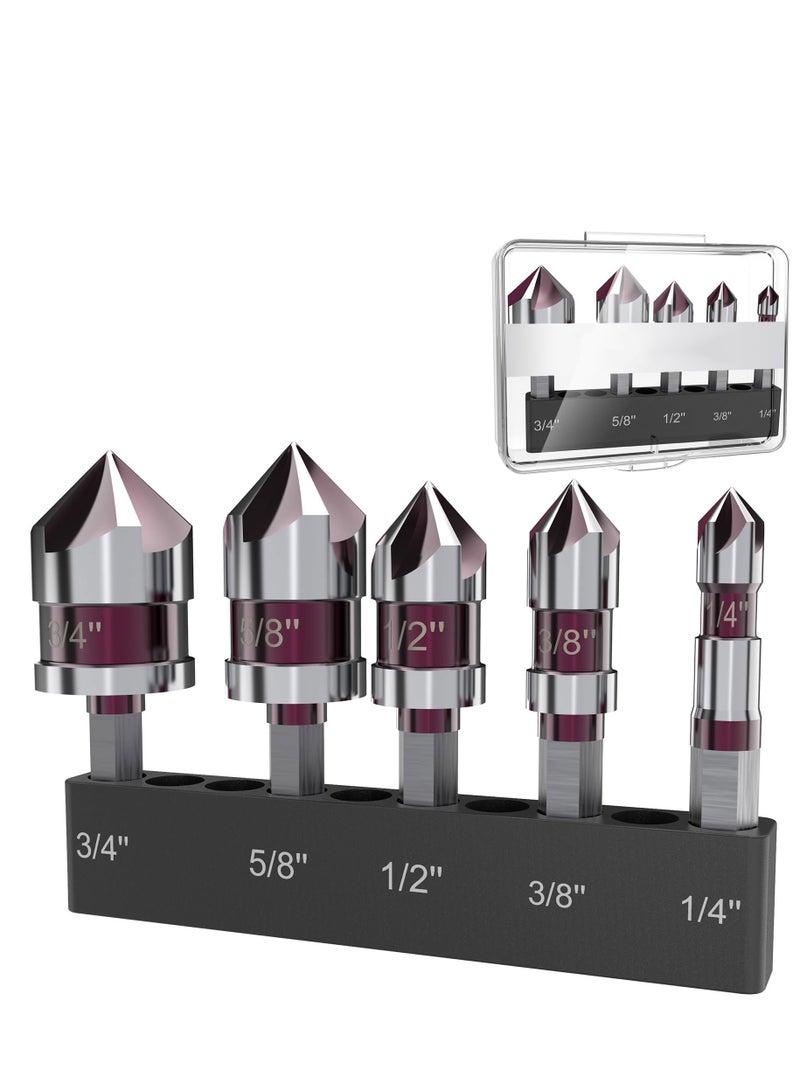 5 Pieces Countersink Drill Bit Set, 1/4'' Hex Shank Carbide 5 Flute 82 Degree 1/4'' 3/8'' 1/2'' 5/8'' 3/4'' Quick Change Drill Bit, M35 Cobalt Countersunk Bits with Bit Holder for Metal Wood Plastic