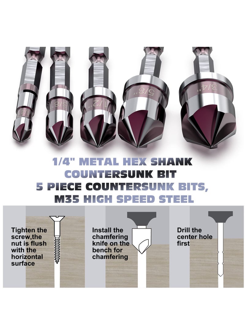 5 Pieces Countersink Drill Bit Set, 1/4'' Hex Shank Carbide 5 Flute 82 Degree 1/4'' 3/8'' 1/2'' 5/8'' 3/4'' Quick Change Drill Bit, M35 Cobalt Countersunk Bits with Bit Holder for Metal Wood Plastic