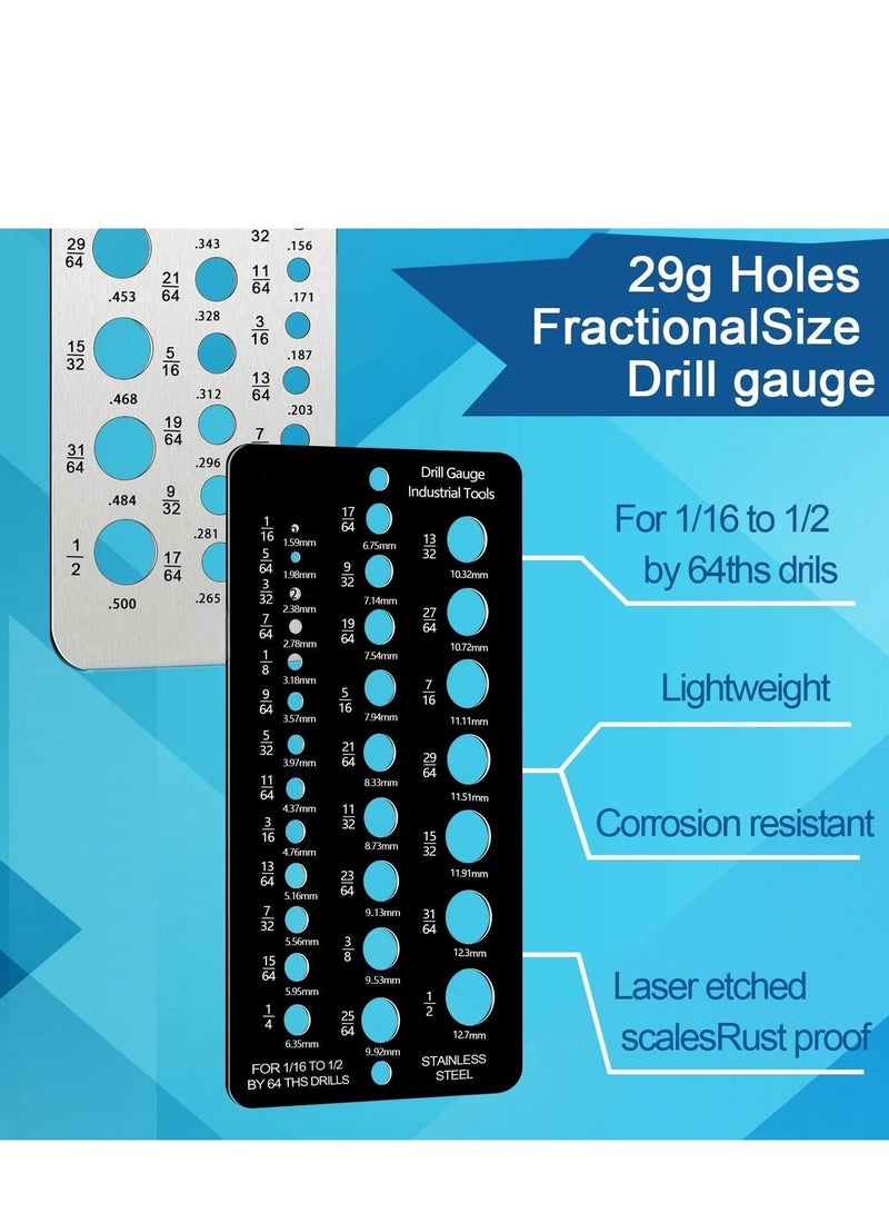 2 Pieces Fractional Drill Bit Size Gauge Drill Bit Gauge Stainless Steel Drill Gauge 29 Holes Metal Drill Size Gauge Tool for 1or16 Inch to 1or2 Inch Size Bits Measurement Silver+Black
