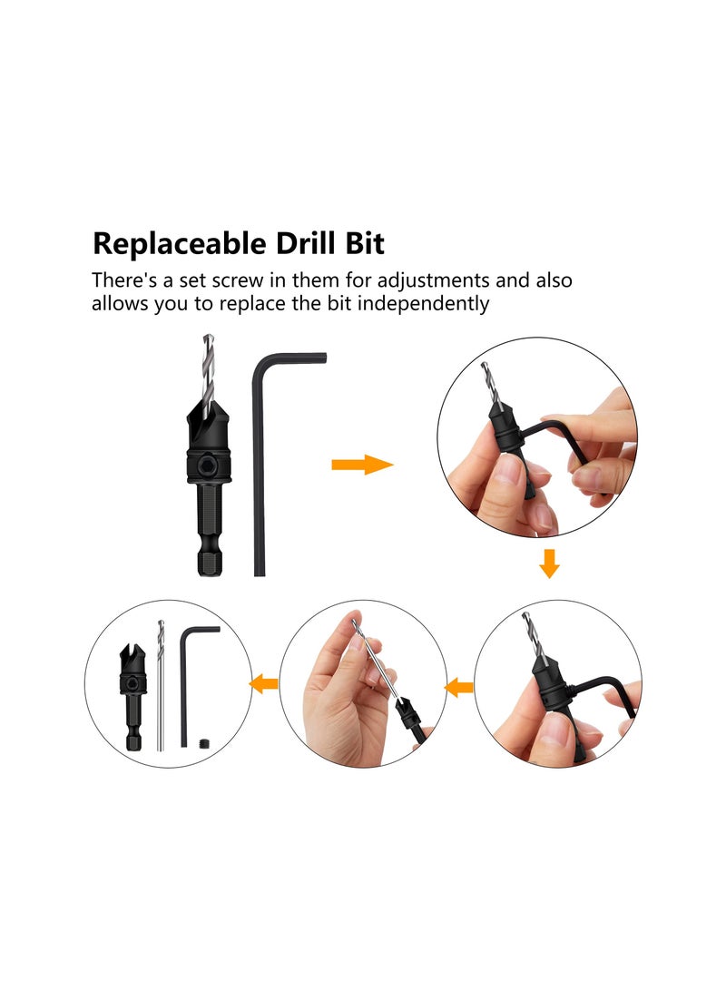 82°Countersink Drill Bit, SYOSI 5Pcs Free Replaceable HSS Drill Bits for Wood 3/8