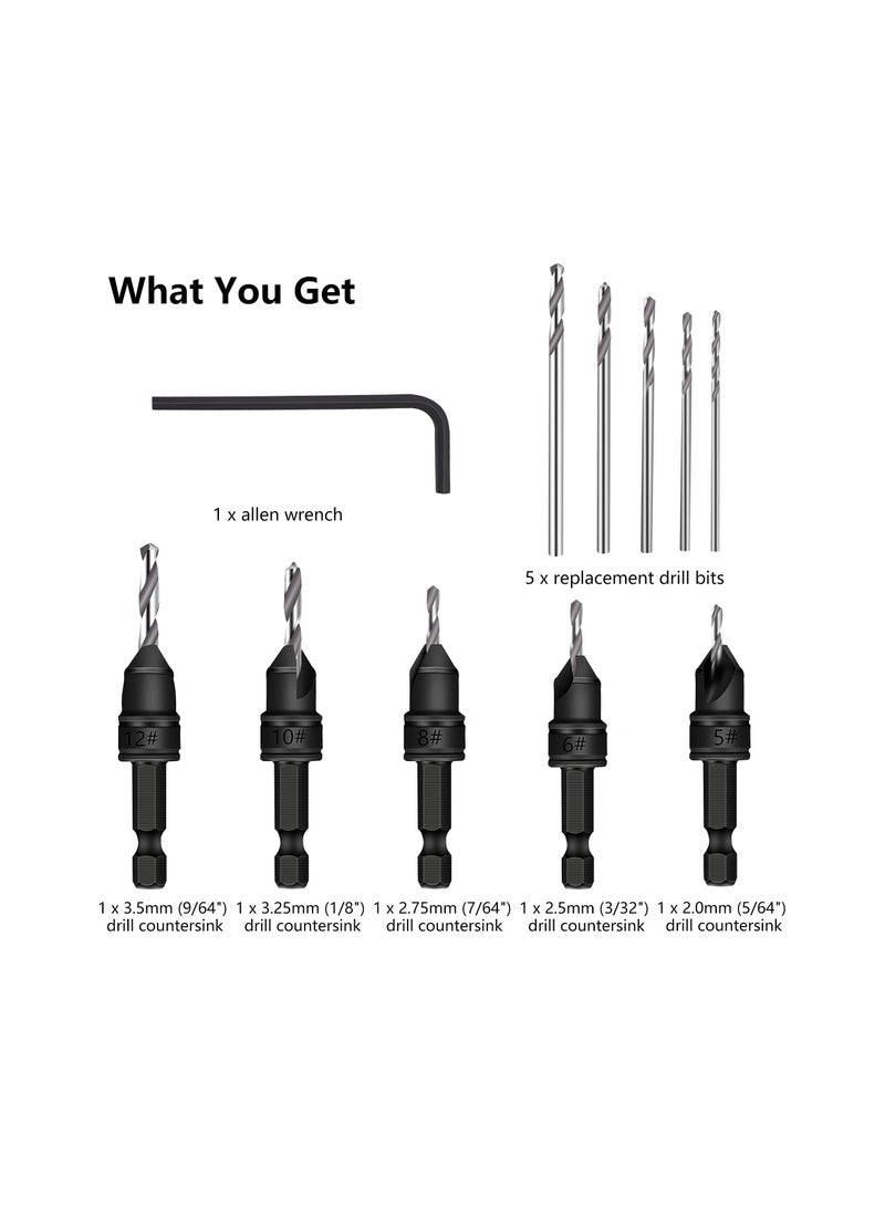 82°Countersink Drill Bit, SYOSI 5Pcs Free Replaceable HSS Drill Bits for Wood 3/8