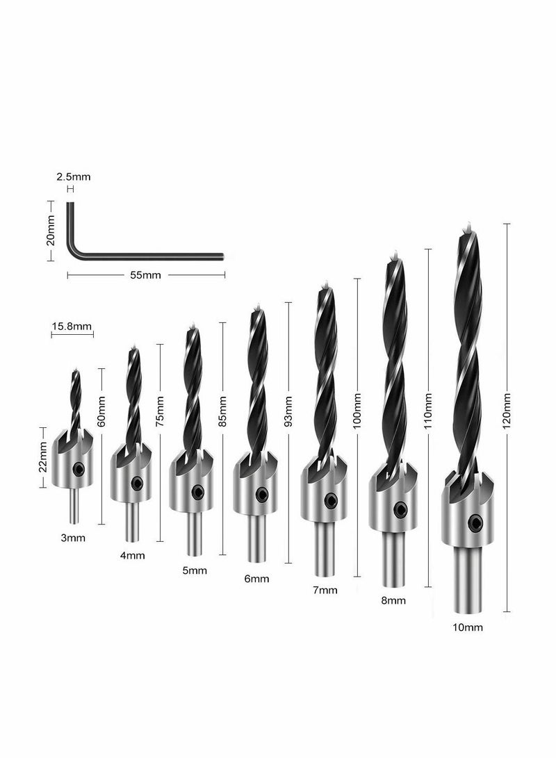 Countersink Drill Bits Set, 7 Pcs Counter Sink Bit for Wood High-Speed Steel, Woodworking Carpentry Reamer with 1 Free Hex Key Wrench