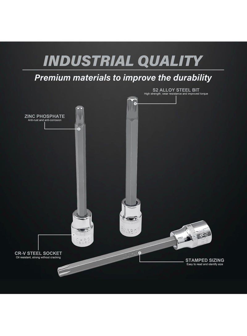 Extra Long Torx Star Bit Socket Set, 7 Piece, T25 to T60, 3/8 Inch Drive, Premium Cr V Steel, Includes Portable Storage Case
