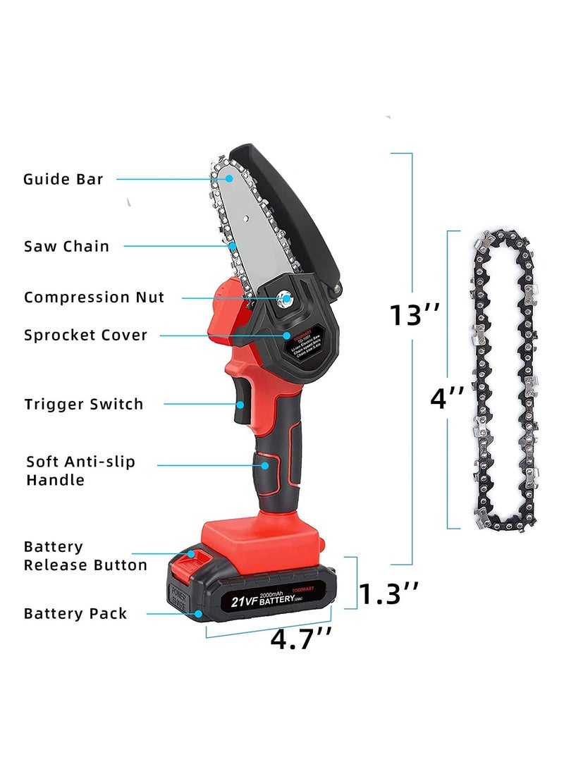 Mini Chainsaw Cordless Handheld Chain Saw with 21V Rechargeable 2000mAh Battery Operated 4 Inch Portable Electric Pruning Chainsaw for Garden Tree Trimming Branch Wood Cutting