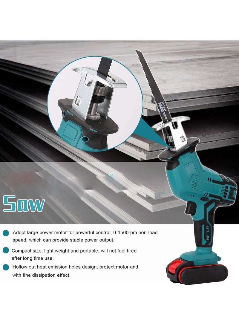 Universal 21V Power Tools Cordless Reciprocating Saw Combo Kit with 2pcs Batteries and One Charger, 4 Saw Blades for Wood/Metal/PVC Pipe Cutting