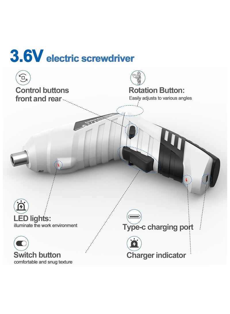 Electric Screwdriver Cordless 3N·m Max Torque Electric Screwdriver Kit with 47 Accessories 3.6V Cordless Screwdriver with USB Cable LED Light for Home Office DIY