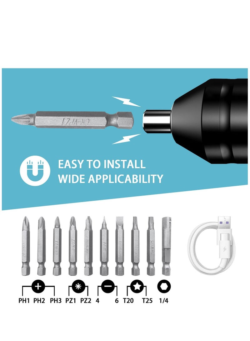 Cordless Rechargeable Screwdriver 1200mAh 3.7V Rechargeable, with 10 Magnetic Bits Electric Sets Forward and Reverse Rotate Standard