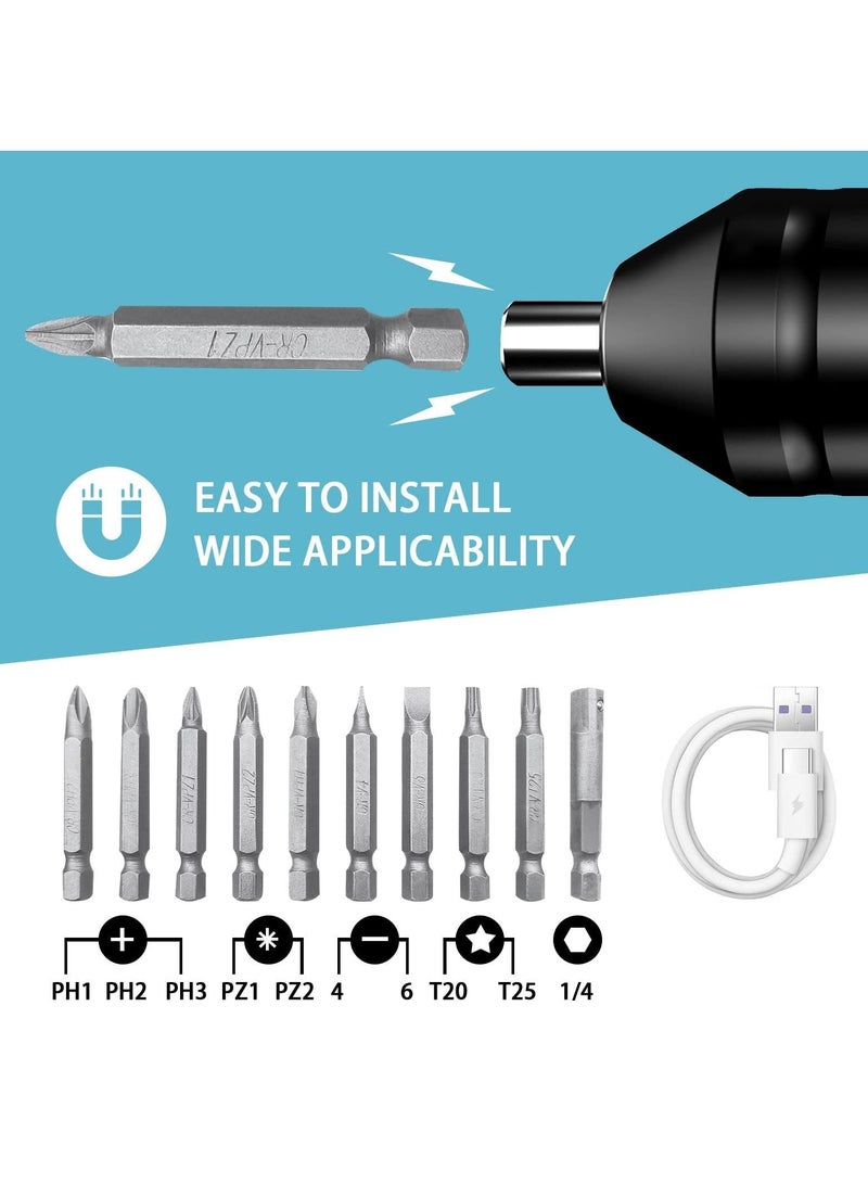 Cordless Rechargeable Screwdriver, 1200mAh 3.7V Screwdriver Rechargeable, with 10 Magnetic Bits Electric Sets, Forward and Reverse Rotate (Standard)