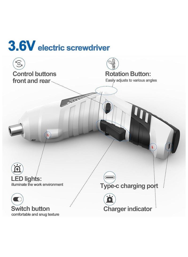 Electric Screwdriver Cordless 3N·m Max Torque Kit with 47 Accessories 3.6V USB Cable LED Light for Home Office DIY